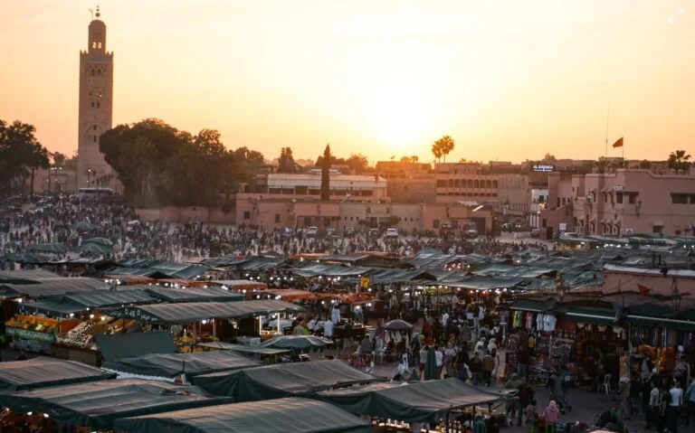 Jemaa el-Fnaa square at sunset