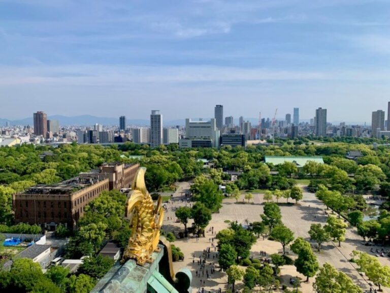 View over Osaka Castle Park from the main tower, green grounds below and the city skyline on a clear day.