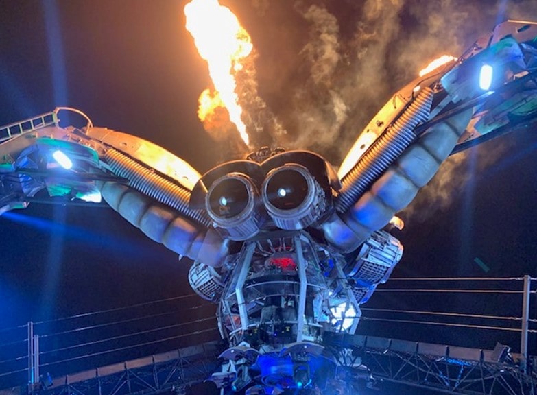 Arcadia stage at Glastonbury, a fire breathing robotic spider with a DJ in it's head