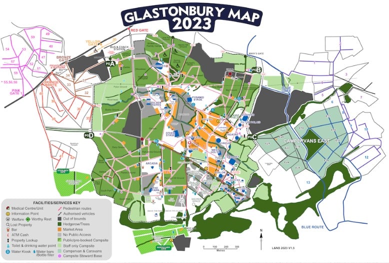 Glastonbury Festival map from 2023 with all the key sites flagged