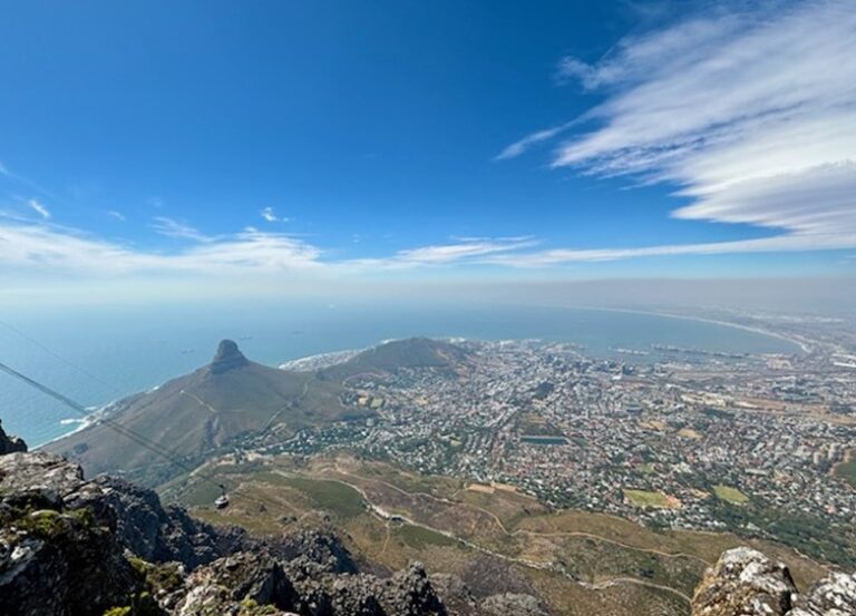 A stunning panoramic view from the top of Table Mountain, showcasing Cape Town, the Atlantic Ocean and the prominent Lion's Head peak under a clear blue sky
