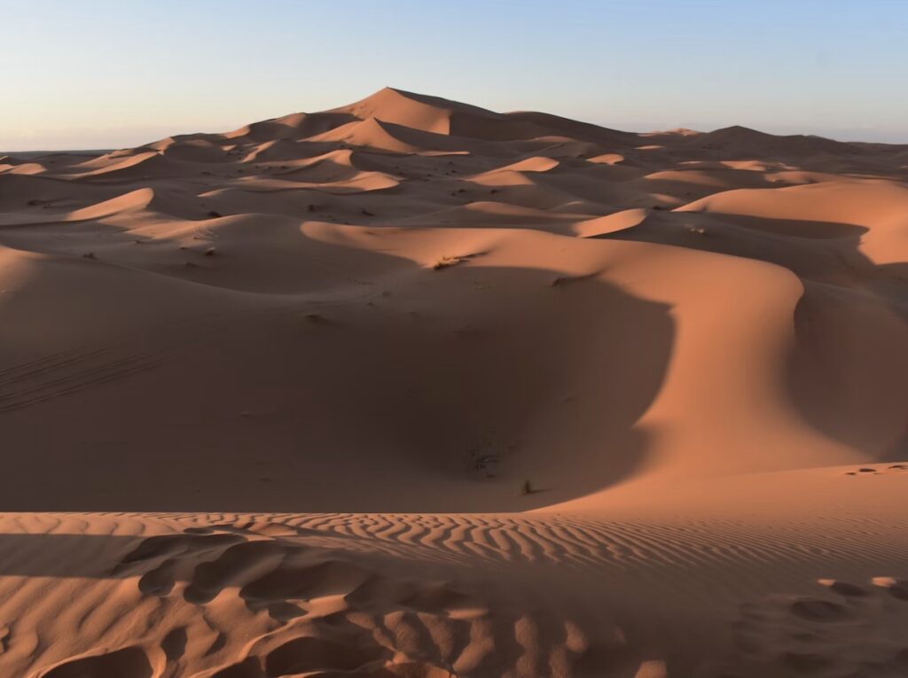 Rolling orange sand dunes of Erg Chebbi at sunrise, with rippled sand in the foreground and soft golden light across the Sahara