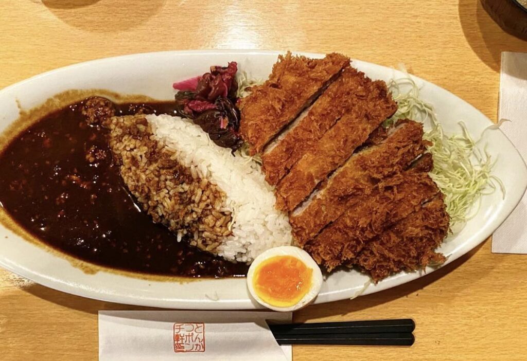 A sliced tonkatsu pork cutlet served with rice, dark curry sauce, shredded cabbage, pickles, and a soft-boiled egg on an oval plate.