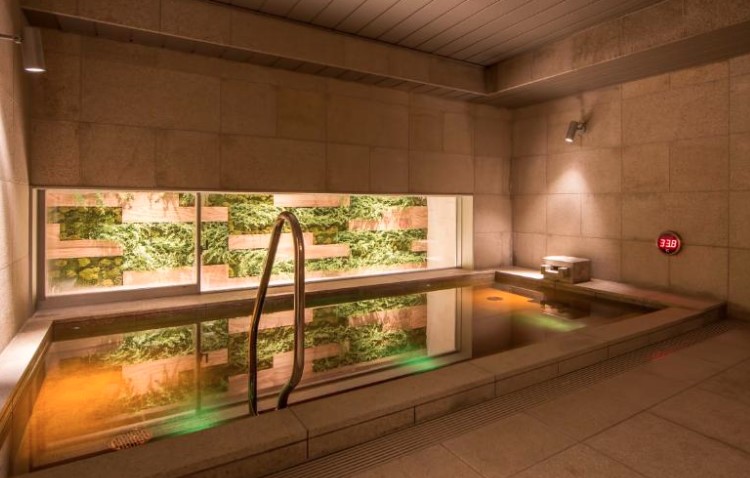 Indoor onsen bath with stone walls and wooden window frames. Illuminated pool with handrail and garden view through horizontal windows