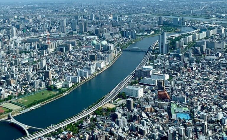 Expansive aerial view of Tokyo's cityscape from the Tokyo Skytree, featuring the Sumida River winding through the densely packed buildings and skyscrapers