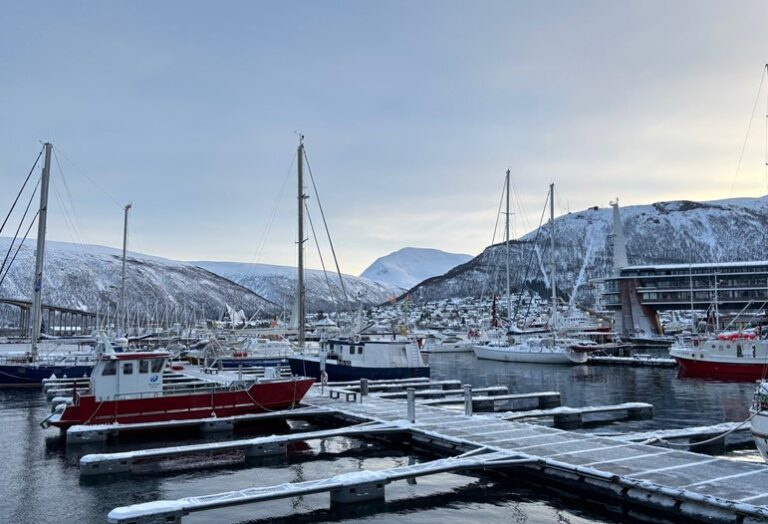Picturesque winter view of Tromsø's marina, with snow-dusted sailboats and fishing vessels moored against a backdrop of snow-covered mountains and crisp blue skies.