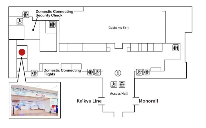 Map showing the location of the JAL ABC Counter in arrivals Narita Terminal 3