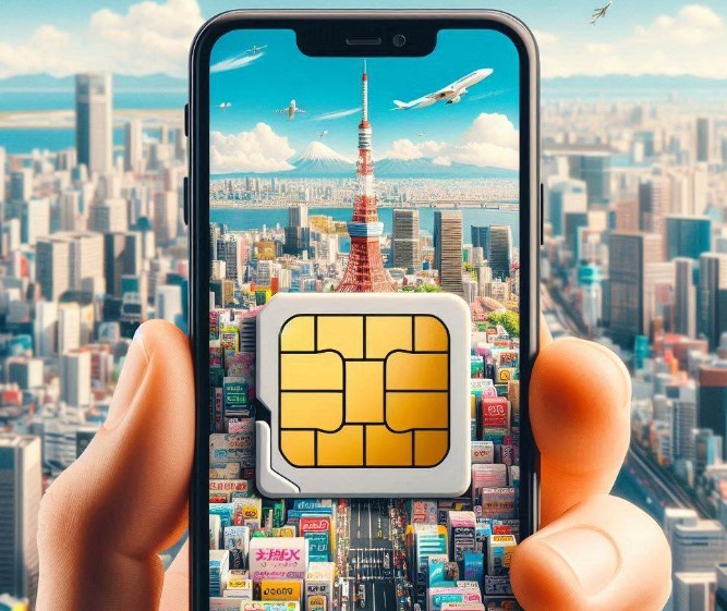 A hand holding a smartphone with the screen displaying an augmented reality view of a cityscape, featuring a prominent red tower resembling Tokyo Tower. The phone overlaps with the actual city skyline in the background, creating an illusion that the digital and real worlds are merged. An airplane is seen flying in the sky on both the phone’s screen and in reality above it. A large SIM card icon floats over the cityscape on the smartphone’s display, suggesting themes of connectivity and technology.