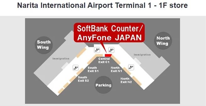 Map with the location of the Softbank Counter in Narita Terminal 1