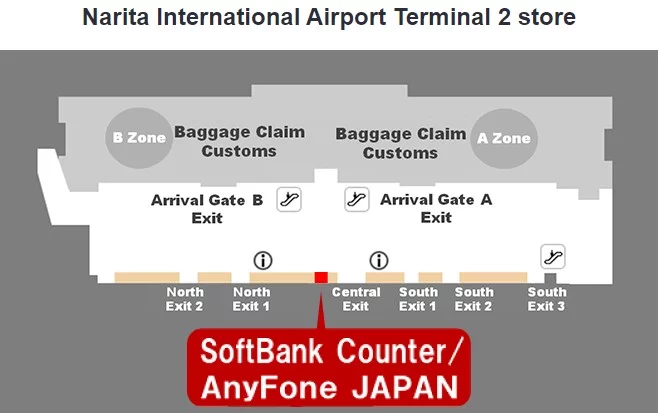 Map with the location of the Softbank counter in Narita Terminal 2