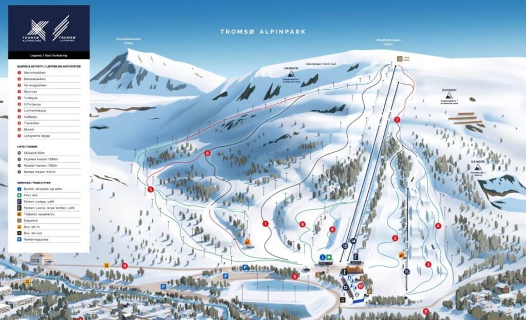Detailed ski trail map of Tromsø Alpinpark in Norway, showing various slopes, lifts, and facilities against a backdrop of snow-covered mountains. The map includes color-coded trails, lift locations, and amenities like restaurants and parking areas.