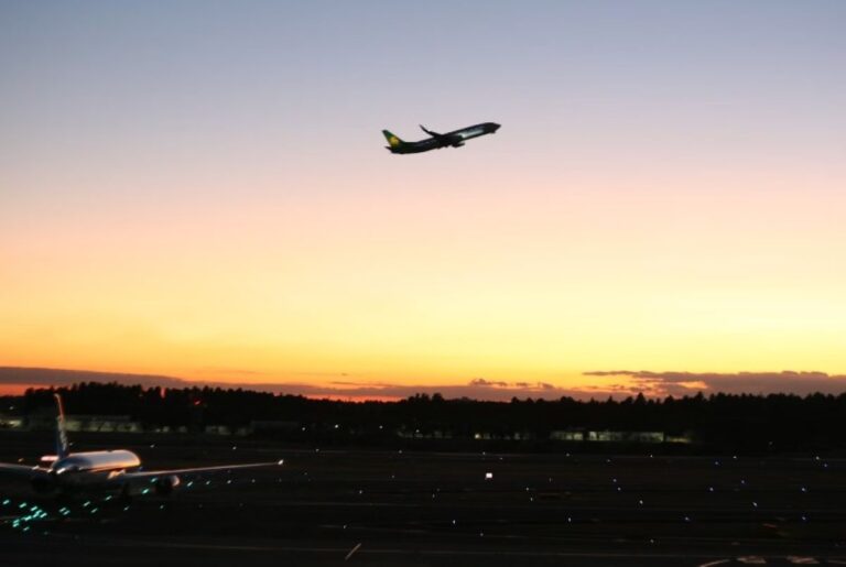 Commercial airplane taking off at Narita airport against a dramatic sunset sky. In the foreground, another aircraft is visible on the runway with its navigation lights on. The horizon shows a treeline of dark pine forests silhouetted against a gradient sky transitioning from deep orange at the bottom to soft purple-blue at the top. The runway is dotted with blue and green taxiway lights glowing in the twilight