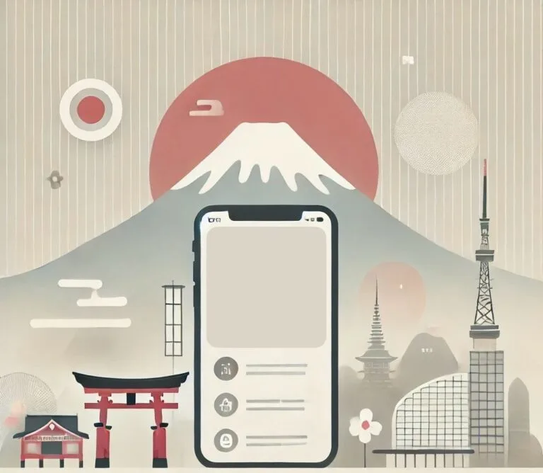 Stylised digital illustration of a smartphone with a japan inspired backdrop, featuring Mount Fuji, a torii gate, pagodas and Tokyo Tower