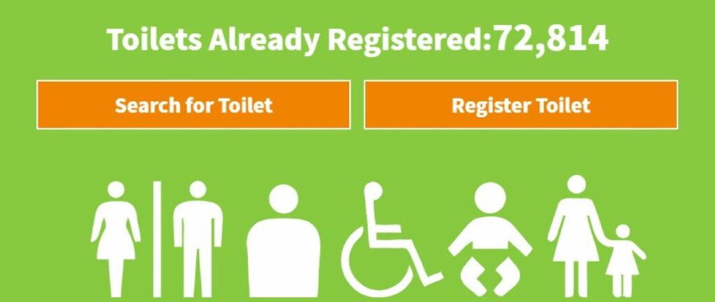 Check A Toilet app interface with green background showing search and register buttons for accessible facilities