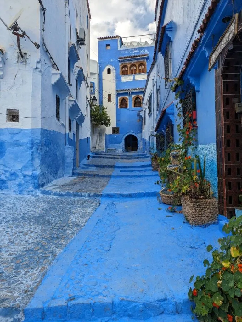 Blue-painted stone staircase winding between whitewashed and blue buildings in Chefchaouen's medina, with potted plants and ornate doorways.