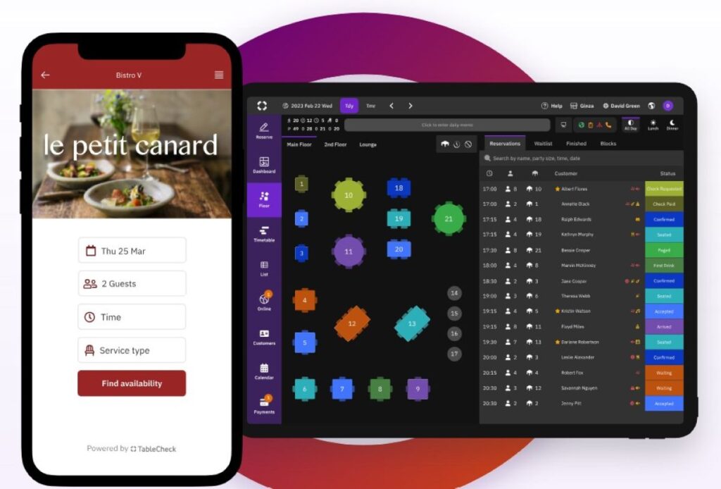 TableCheck restaurant reservation system displaying mobile booking interface and desktop floor plan management
