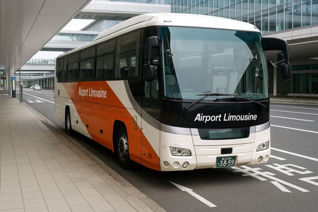 White and orange Airport Limousine coach parked at terminal pick-up area. Japanese registration plate visible, with modern airport buildings in background.