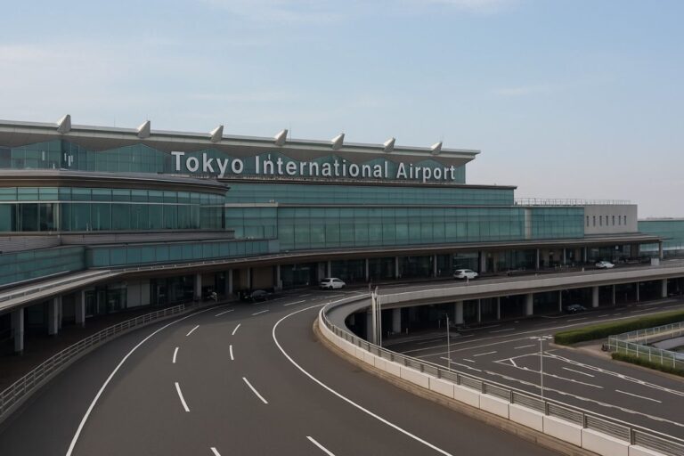 Exterior view of Tokyo International Airport terminal building with curved roadway in foreground. Modern glass facade with distinctive angular roof elements under clear blue sky