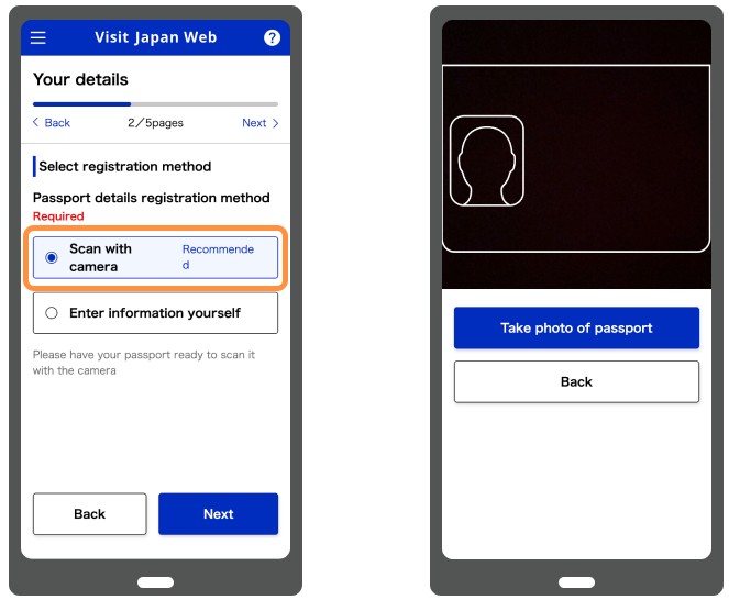 Visit Japan Web passport scanning interface with camera registration method for quick setup