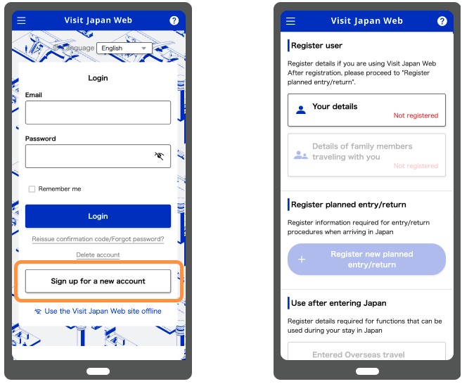 Visit Japan Web login and account creation screens for new user registration process