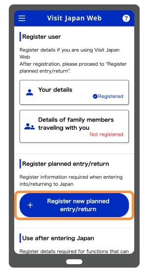 Visit Japan Web registration screen displaying user details and planned entry/return options
