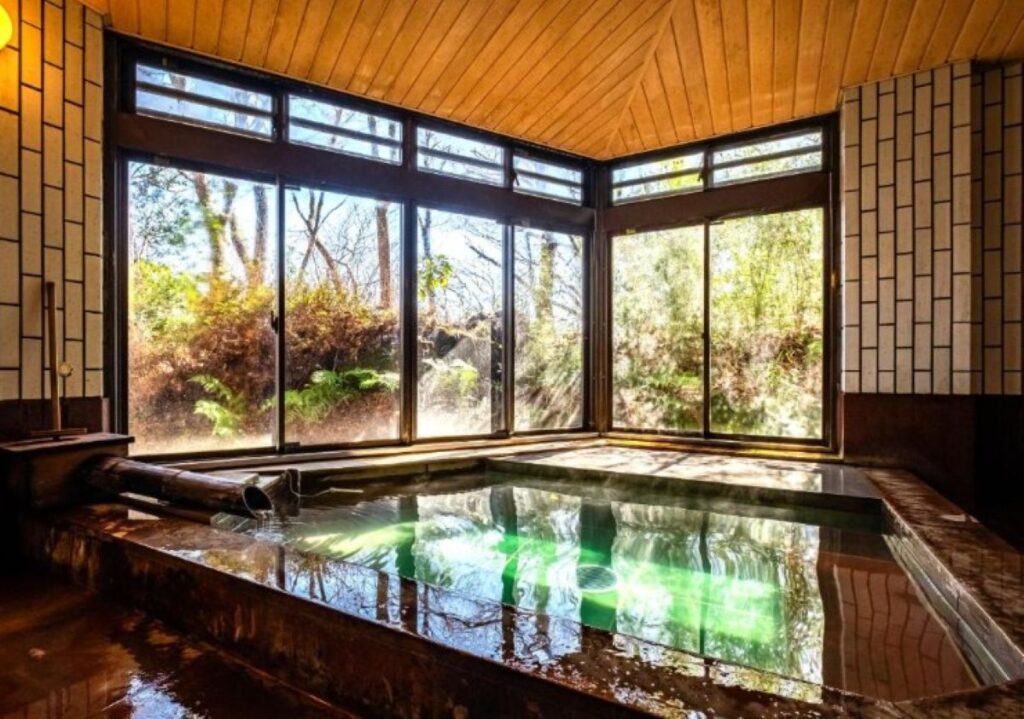 Indoor communal onsen bath with floor-to-ceiling windows and natural garden views