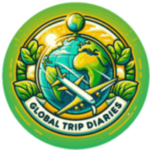 Global Trip Diaries logo featuring illustrated Earth with aeroplane and green leaves on circular badge