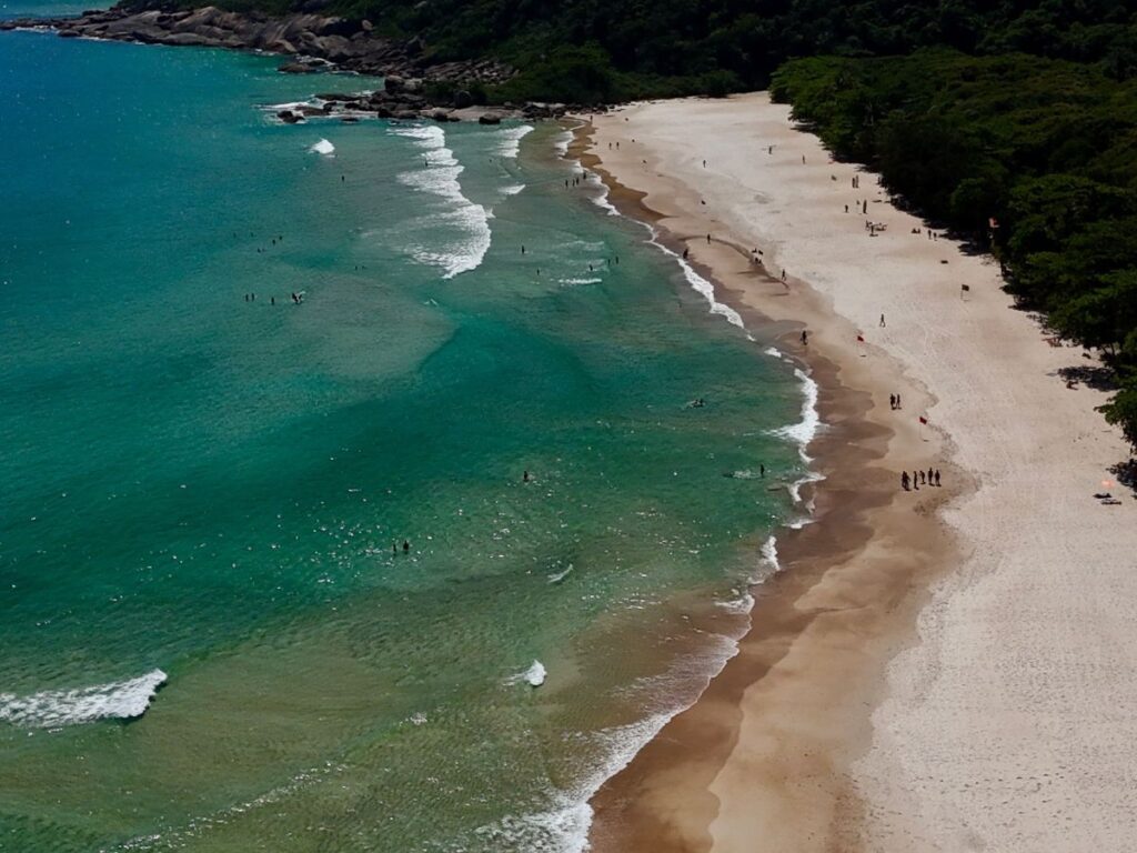 Aerial view of a long curved beach on Ilha Grande with swimmers in clear green water and forested shoreline