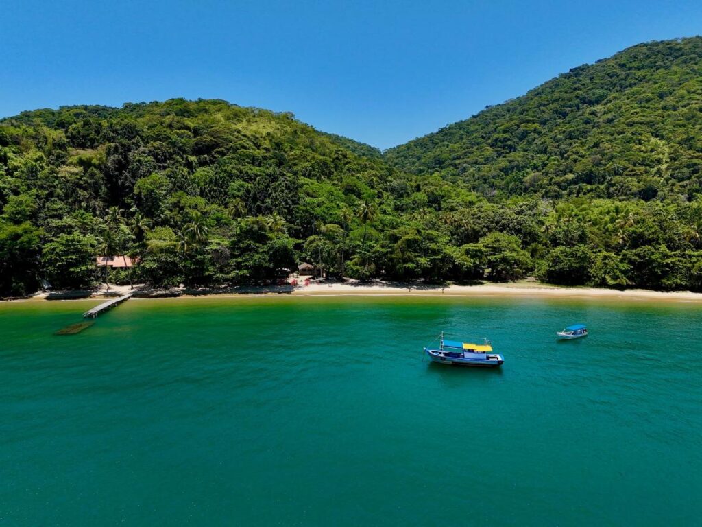 Small boats anchored in calm green water near a quiet beach backed by dense jungle on Ilha Grande