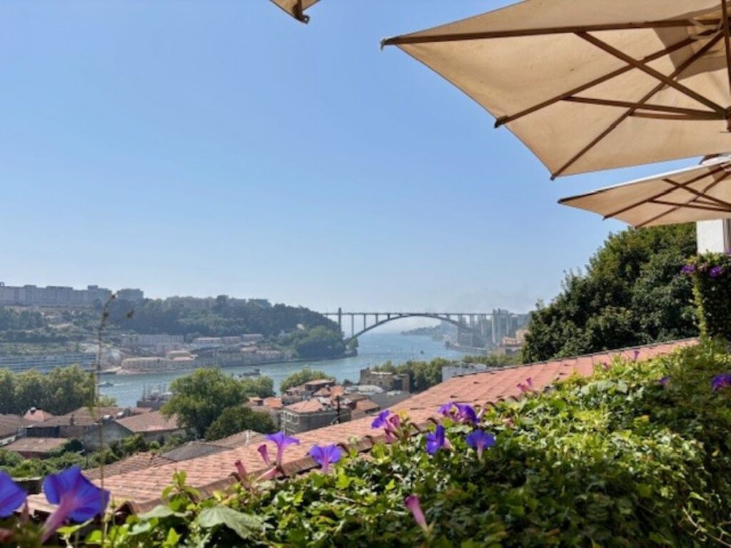 Terrace view overlooking Douro River with purple flowers and bridge in Porto