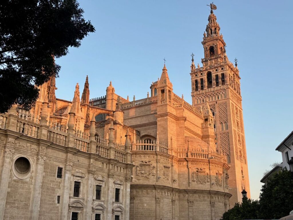 Cathedral and Giralda tower glowing at golden hour, viewed from below with ornate stone balustrades and spires.