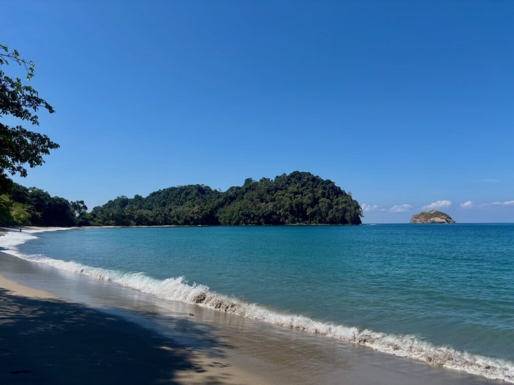 Calm turquoise waves lapping a crescent of golden sand at Manuel Antonio, with a forested headland and a rocky islet under a clear blue sky.