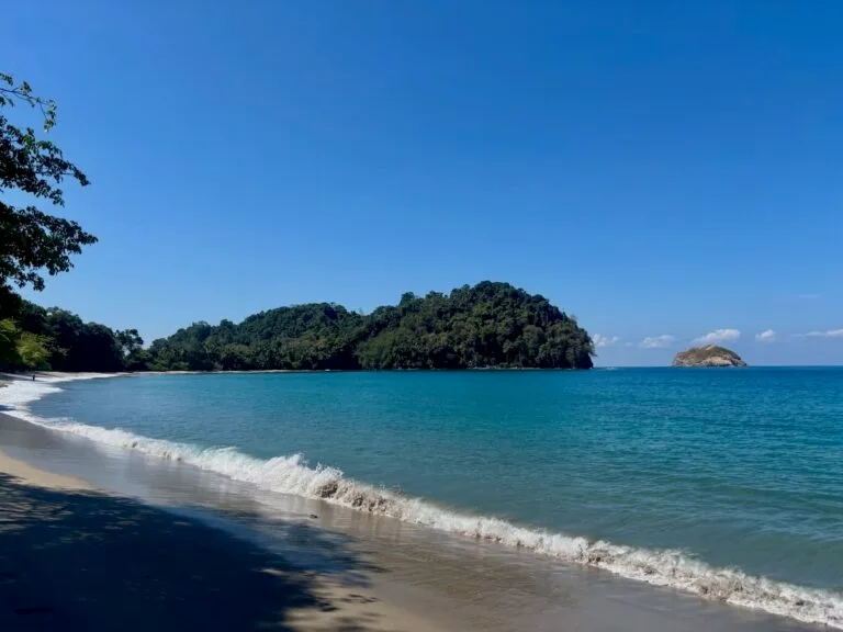 Calm turquoise waves lapping a crescent of golden sand at Manuel Antonio, with a forested headland and a rocky islet under a clear blue sky.