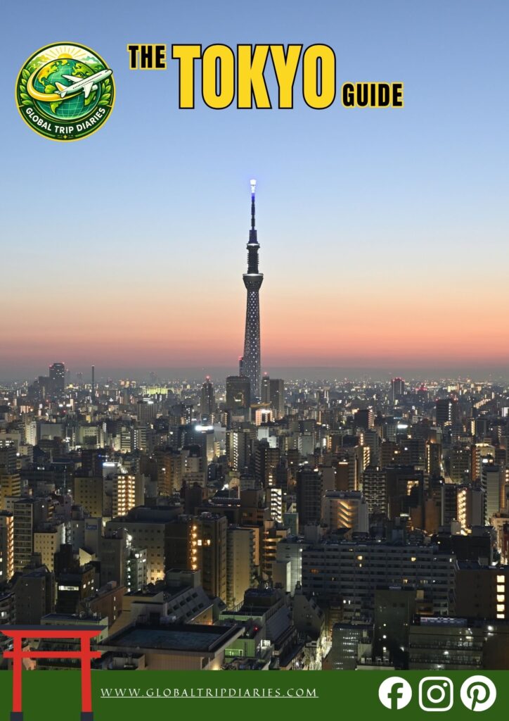 The Tokyo Guide cover showing Tokyo Skytree lit up at dusk above the city skyline, by Global Trip Diaries