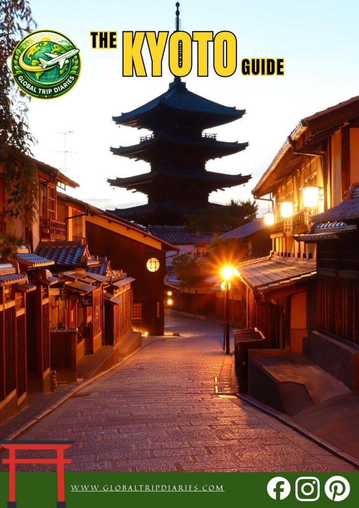 The Kyoto Guide cover showing Yasaka Pagoda at sunset above a traditional Gion lane, by Global Trip Diaries