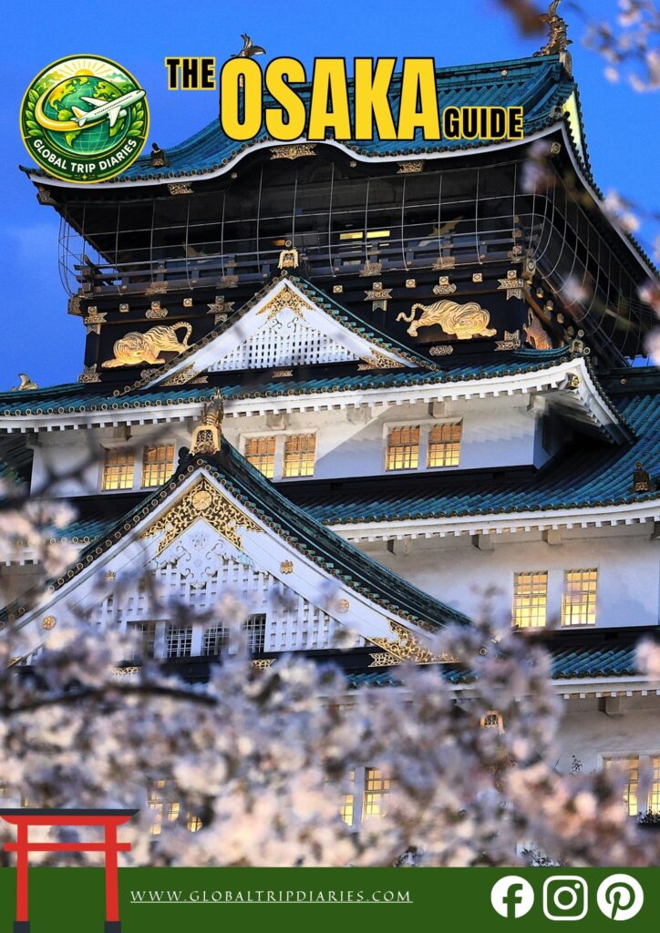 The Osaka Guide cover showing Osaka Castle with cherry blossom in the foreground at twilight, by Global Trip Diaries