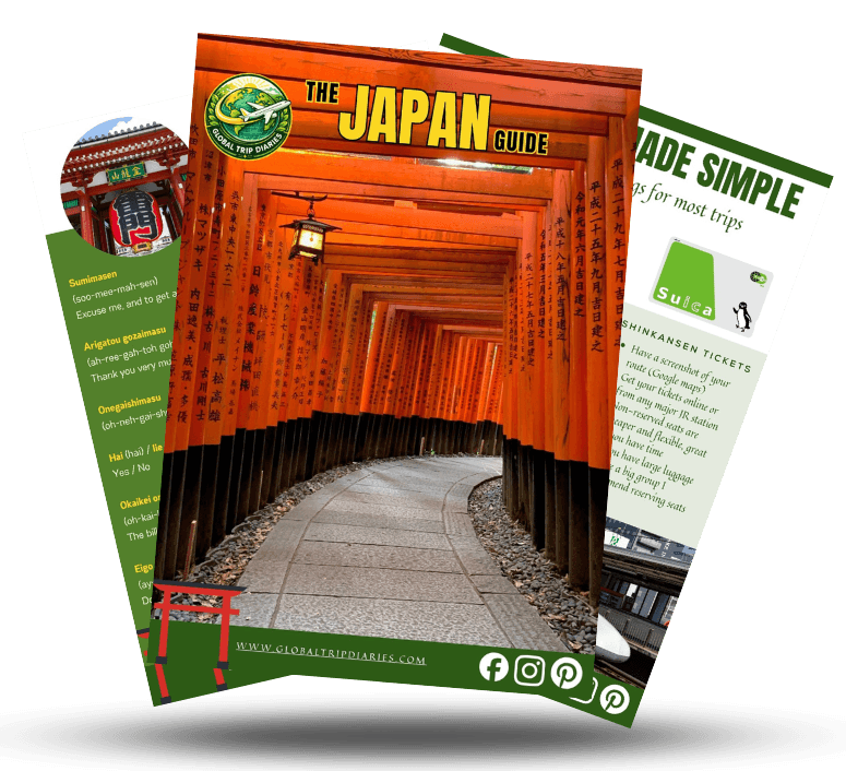 Three pages from the Japan First-Timer Guide fanned out: the orange torii cover, a phrases page, and a transport tips page