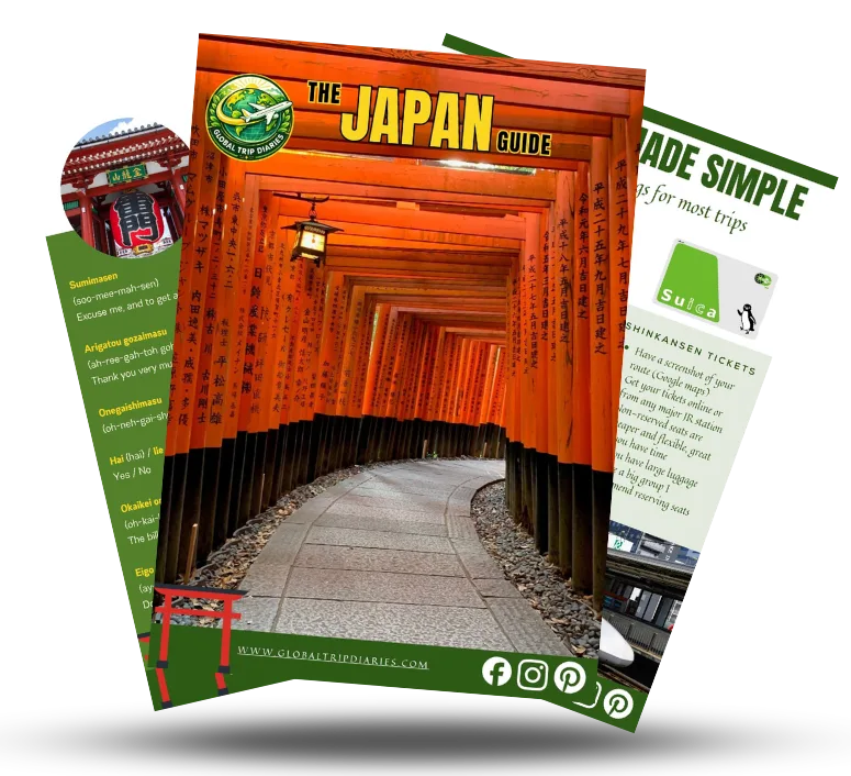 Three pages from the Japan First-Timer Guide fanned out: the orange torii cover, a phrases page, and a transport tips page