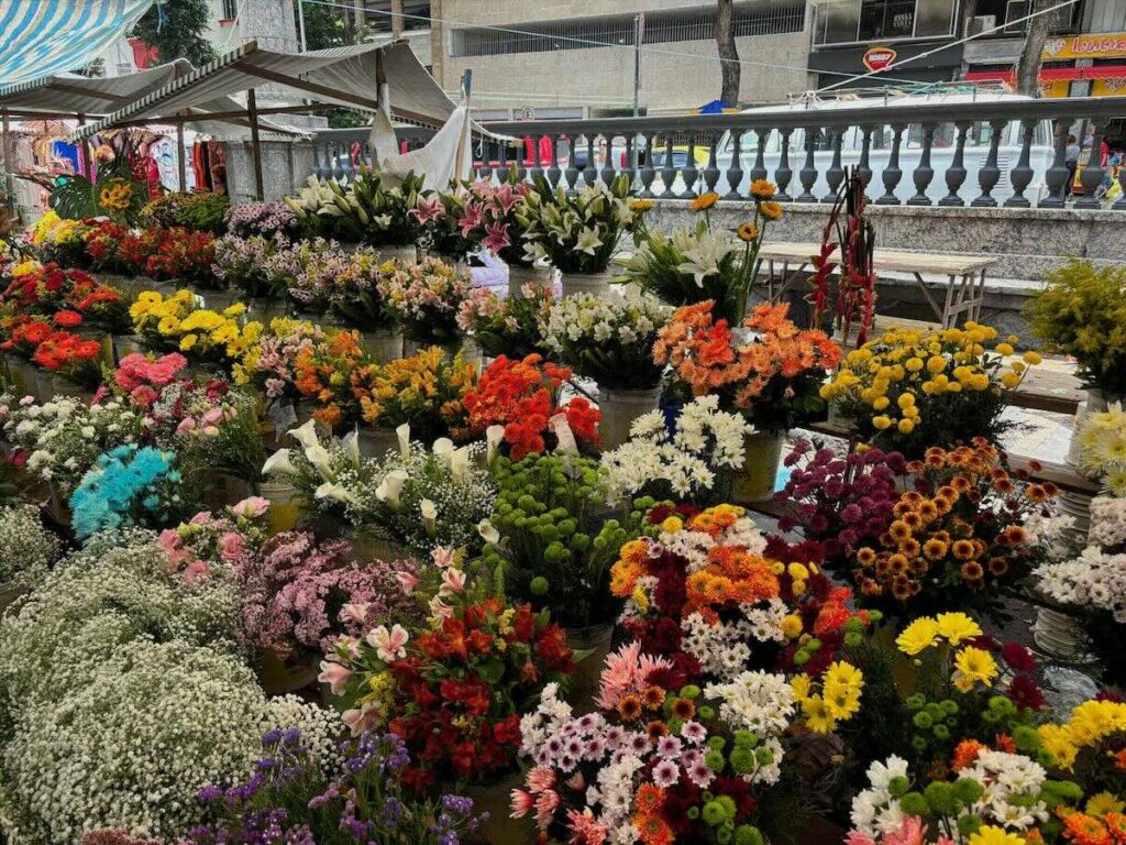 Flower stall at Feira Livre da Glória Sunday market, colourful bouquets of lilies, sunflowers and chrysanthemums on display