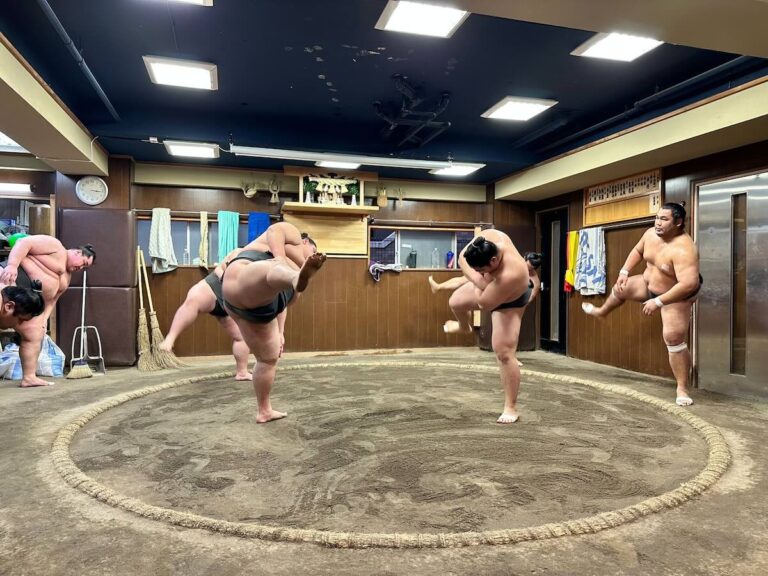 Sumo wrestlers performing shiko, the ceremonial high leg raises, around the edge of the dohyo during morning practice.