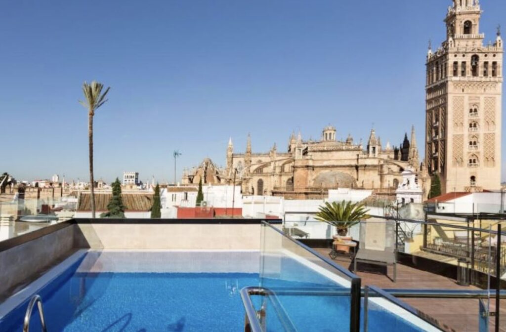 Rooftop pool behind a glass rail with a lone palm, looking straight across to Seville Cathedral and the Giralda under a clear blue sky
