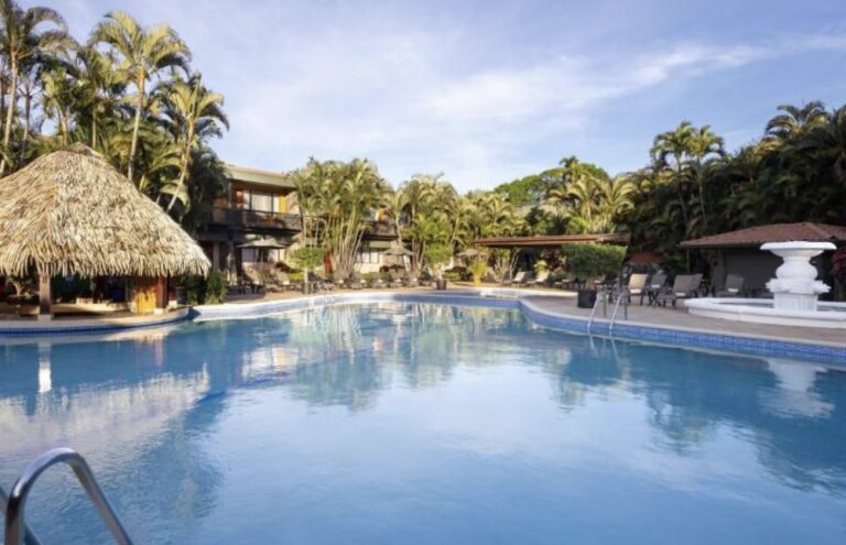 Large curved outdoor pool with a thatched swim-up bar, surrounded by tall palm trees, sun loungers and low balconied buildings under blue sky