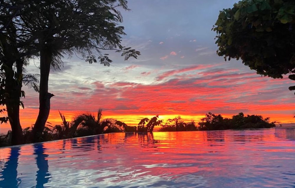 Infinity pool reflecting a vivid orange and pink sunset, framed by silhouetted palms and trees