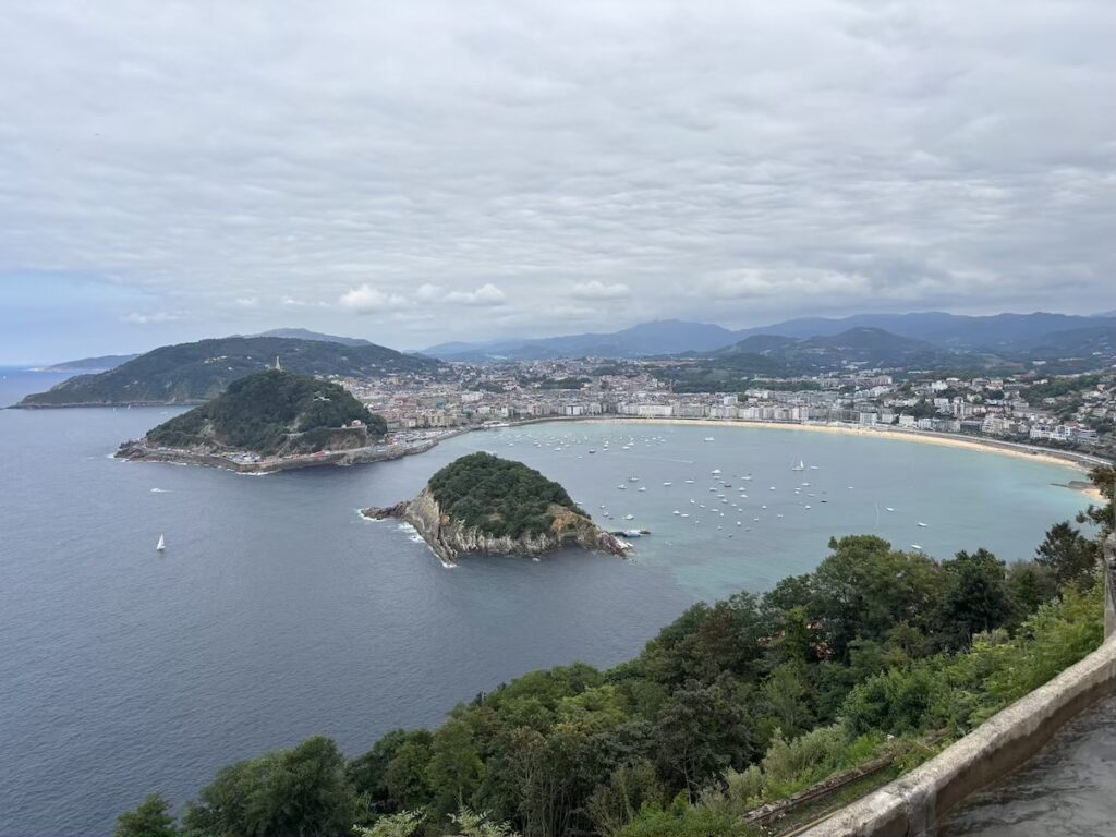 The full horseshoe of the bay seen from high up, with a wooded island in the middle, hundreds of moored boats and the city spread around the shoreline.